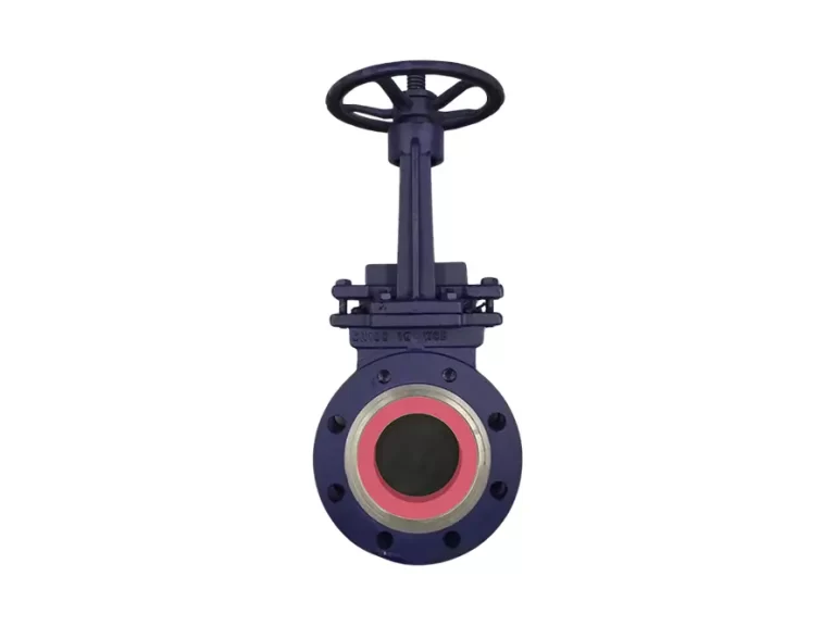 Rubber lined knife gate valve, demonstrating the valve's sharp blade-like gate and rubber lining for improved sealing and wear resistance.