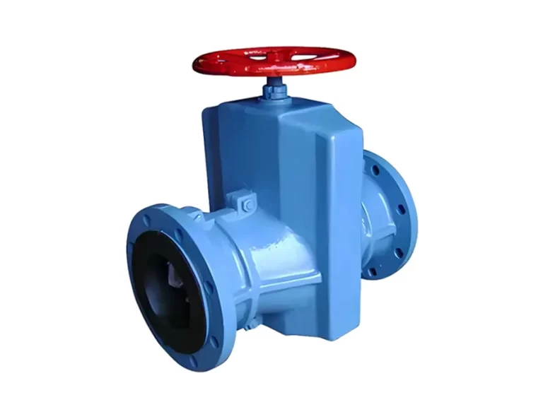 Rubber lined pinch valve used for fluid flow control, showing the valve body with internal rubber lining for enhanced durability and flexibility.