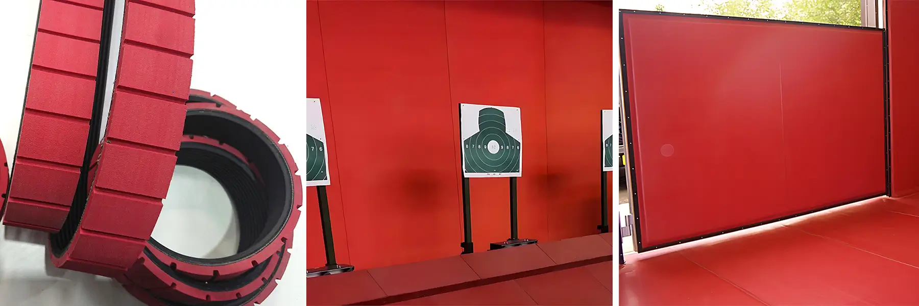 Collage showing three typical applications of Linatex type rubber: a dual-layer rubber timing belt, rubber protective panels in a shooting range, and rubber wall panels in animal training areas. This image demonstrates the rubber's outstanding wear resistance, self-healing properties after bullet impacts, and scratch prevention from animals.