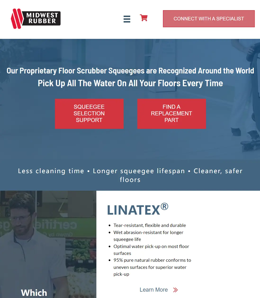 Screenshot of the official website of MIDWEST RUBBER, a leading global manufacturer of squeegees. MIDWEST’s 'LINATEX Squeegee' is highly recognized and respected in the cleaning product industry for its outstanding performance.