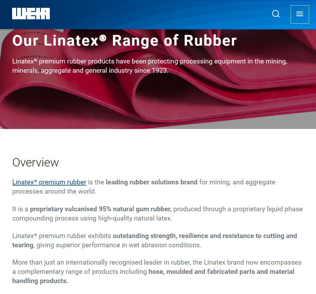 Screenshot of the official website of LINATEX, a globally renowned wear-resistant rubber brand. LINATEX Rubber is celebrated worldwide for its exceptional abrasion resistance, with 'LINATEX Material' becoming synonymous with this type of product.