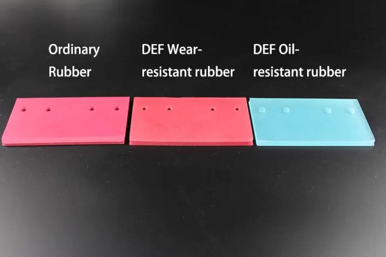 A comparison of wear resistance between three materials: standard natural rubber, high-quality Linatex-type rubber produced by DEF Rubber, and wear-resistant polyurethane. The test involved grinding each material on a sanding machine under the same time and intensity. Standard natural rubber showed severe wear, polyurethane exhibited mild wear, while DEF's Linatex material displayed almost no wear.