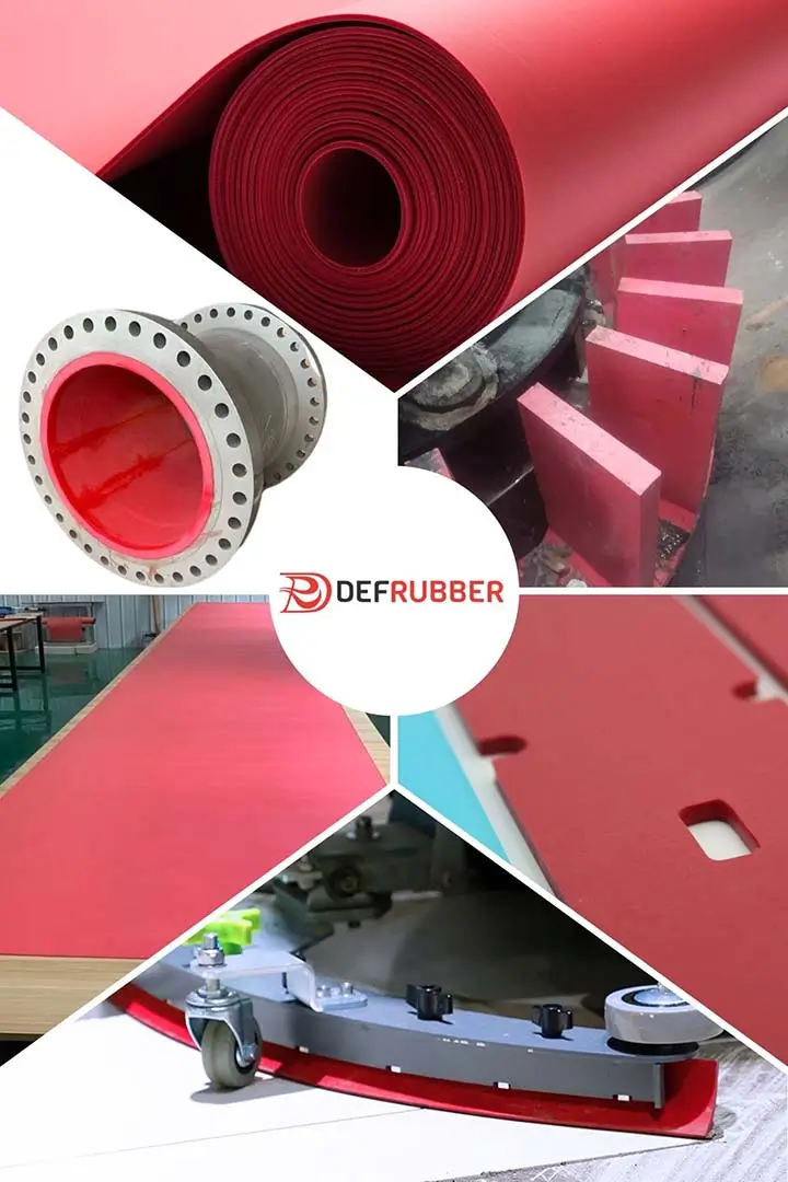 Common applications and forms of DEF Rubber, a high-wear-resistant material similar to LINATEX, made primarily of natural rubber. The image shows rolled DEF rubber sheets, lining materials for mining equipment pipes and machinery, squeegee sealing strips for floor scrubbers, and red rubber sheet materials.