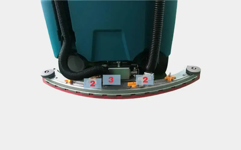 Common structure of the floor scrubber water suction unit, showing steps to replace the squeegee blades with marked positions 2 and 3.