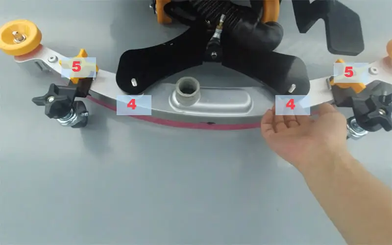 Common structure of the floor scrubber water suction unit, showing steps to replace the squeegee blades with marked positions 4 and 5.