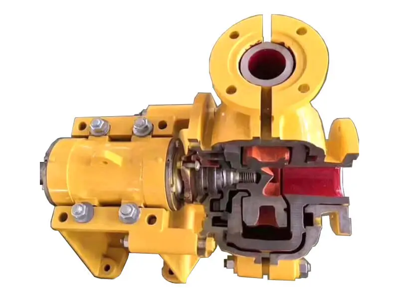 Cross-sectional view of a slurry pump with an internal rubber molded lining, demonstrating long-lasting durability, excellent wear resistance, and non-clogging features.