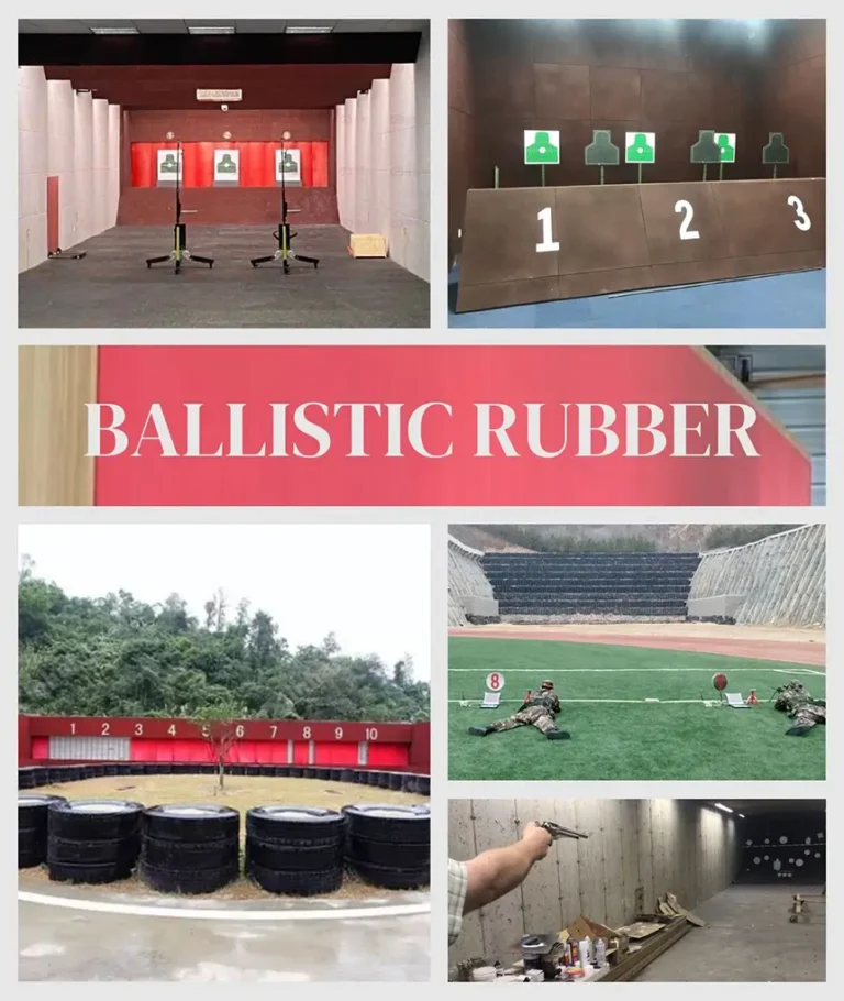 Common types of shooting range rubber backstops and traps, including ballistic rubber curtain structures, stair-step designs, wall-style structures, and flat rubber panel layouts. Different structural designs require various rubber materials such as recycled rubber granules, rubber blocks, and high-quality self-healing natural rubber sheets. The ballistic rubber curtain is a popular choice and can be used as target backing or independently suspended.